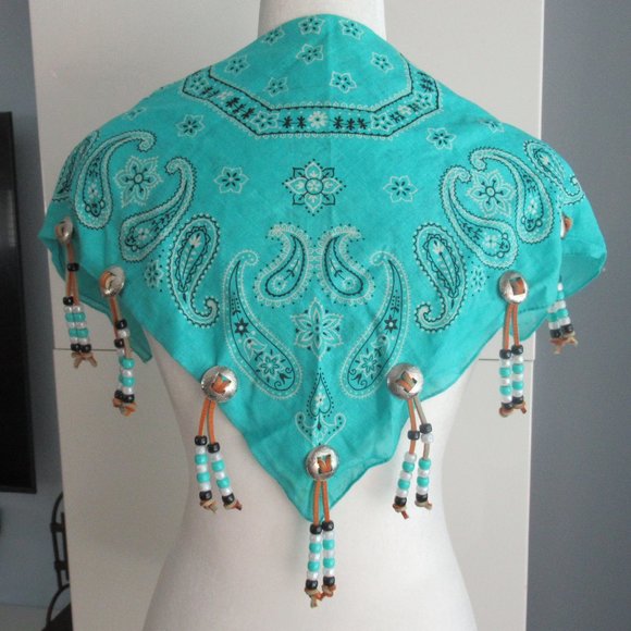 Y2K Southwestern Bandana Silver Tone Metal Conchos, Leather Fringe & Beads New - Picture 2 of 10